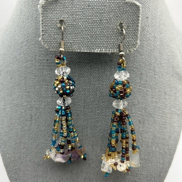 Jewelry - Blue Purple and Gold Seed Beaded Large Tassel Dangle Earrings